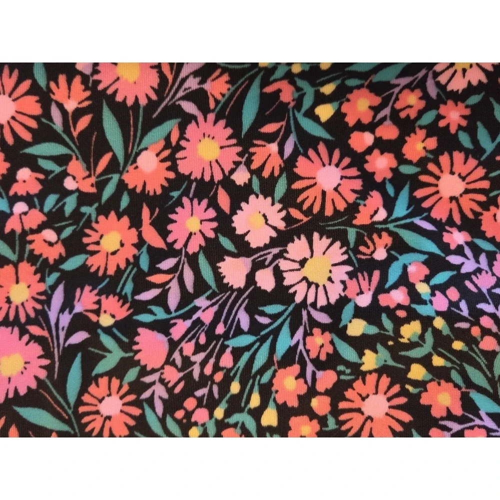 Girl's XL 14 Swim Top Rashguard Crop Floral Ditsy Zipper Long Sleeve Black Pink